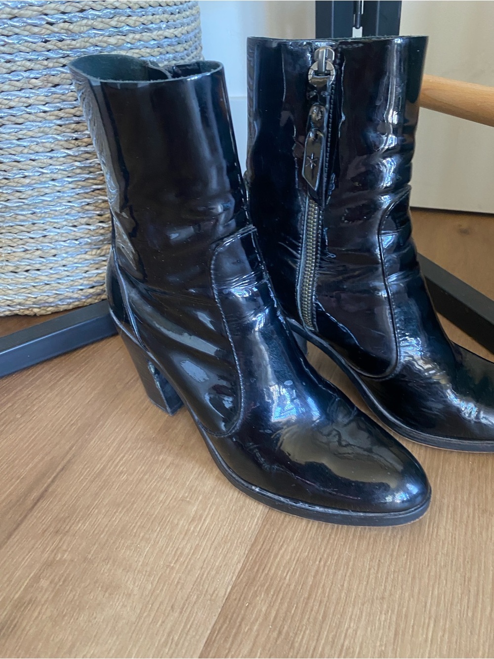 Spledid Patent leather Black Block Heel boots- Women's